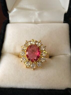 14k plated Victorian style pink and crystal oval gold ring